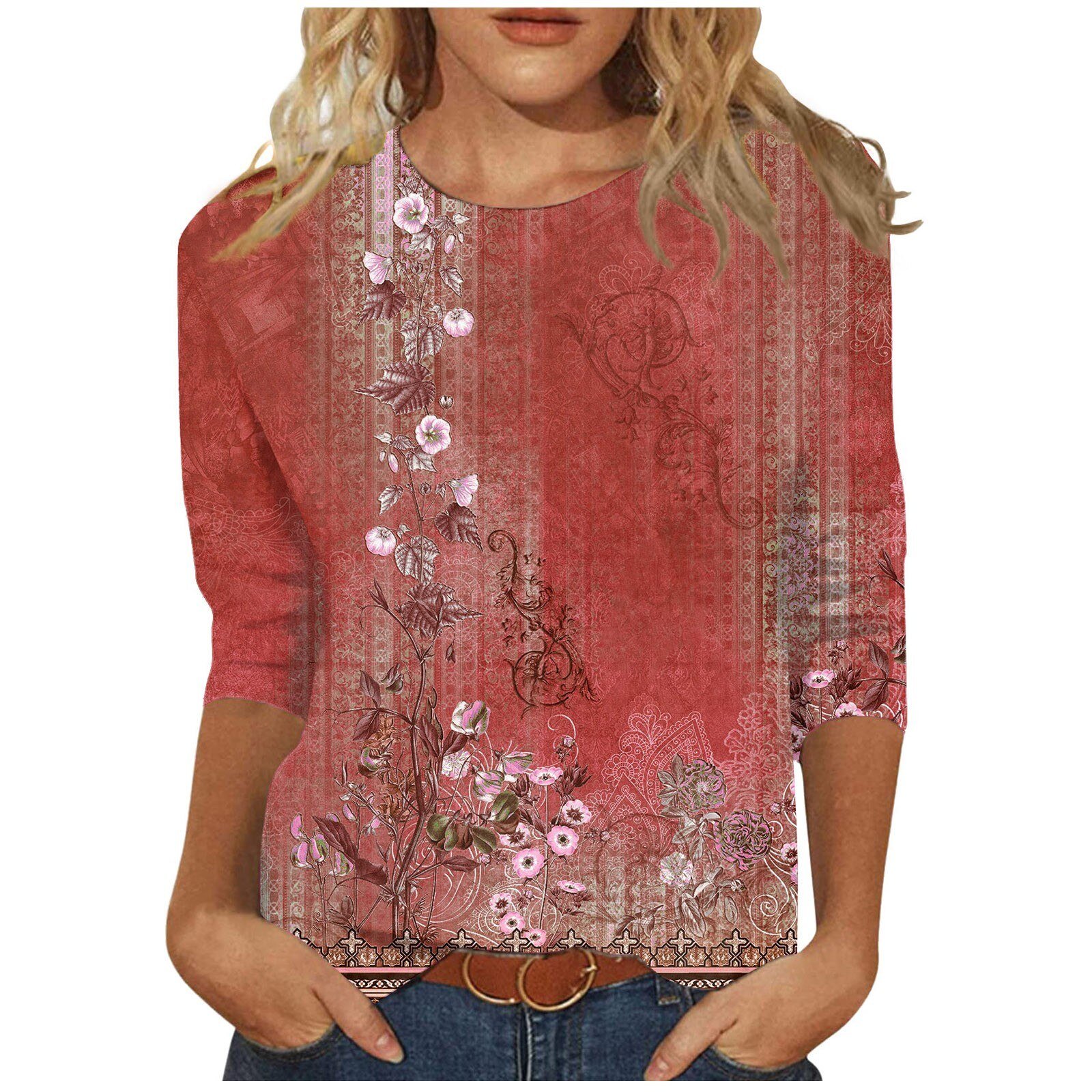 3/4 Sleeve Shirts For Women Cute Print Graphic Tees Blouses Casual Plus Size Basic Tops Pullover Roupas Feminina топ женский - Imagem 2